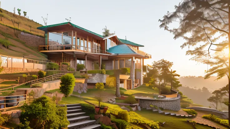 3 floor, 1 garage,out door rooftop, flat concrete yard, hillside, curved window, trees, surround in nature, chimney, reality, fo...