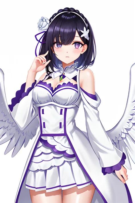 emilia, 1girl, white_dress, skirt, gold_eagle_on_sleeves,  hair_over_one_eye, black_hair, purple_eyes, gloom_\(expression\)