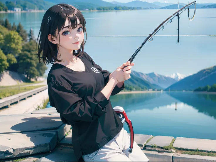 (((Having a fishing rod by the lake))),((Best quality, 8k, Masterpiece :1.3))black hair, longeyelashes, solid circle eyes, light smile, drop shadow, atmospheric perspective, 8k, super detail, ccurate, best quality, small breasts,black jacket, Black Tank To...