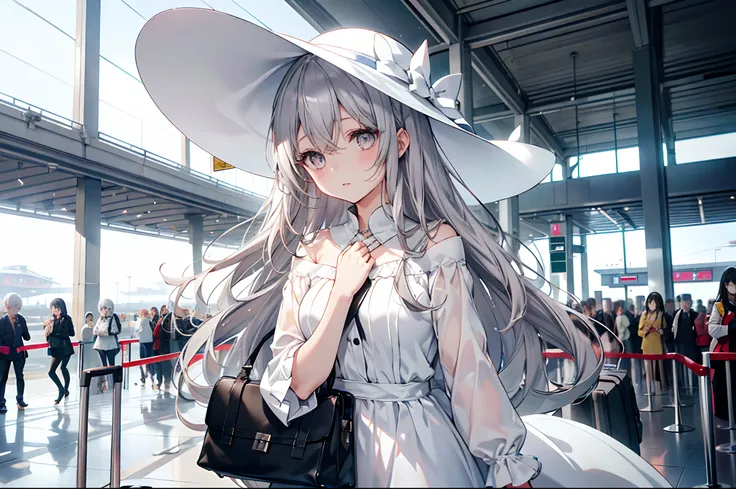 【highest quality, masutepiece】, (girl, white dress, gray ash hair, silver eyes, large hat, long waved hair, detailed eyes, detai...