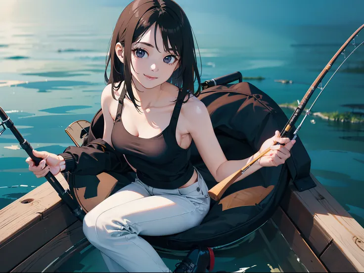 (((Having a fishing rod by the lake))),((Best quality, 8k, Masterpiece :1.3))black hair, longeyelashes, solid circle eyes, light smile, drop shadow, atmospheric perspective, 8k, super detail, ccurate, best quality, small breasts,black jacket, Black Tank To...