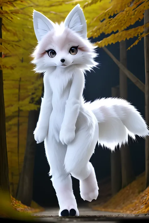 lens flare glow，cute fox makeup，fluffy little fox，white fur，thin waist narrow waist，fox ear，paw shoes，the look of the kawaii，fla...