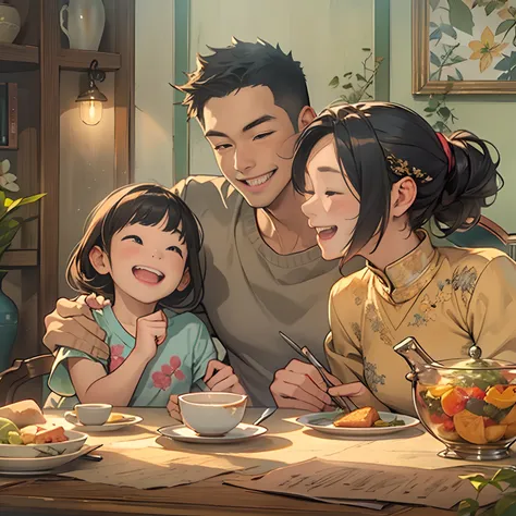 the family of three sat happily around a table，their smiles reveal happiness and contentment。