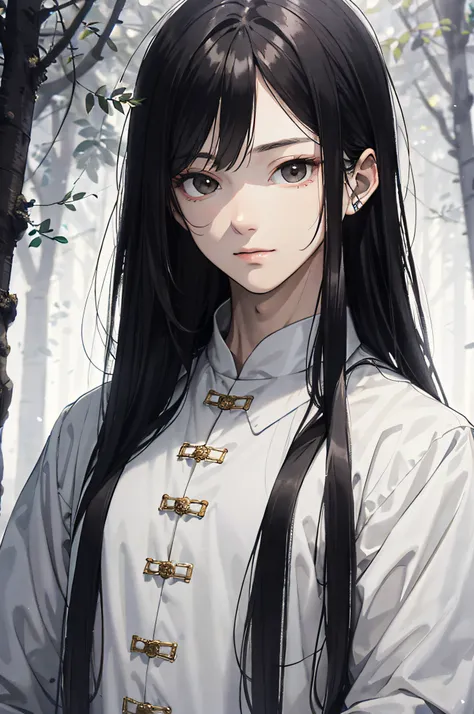 Absurd, High definition, Super detailed, Texture details, clear presentation, HD details, detail performance, Fine details, Clear face, Fix accurately, ((cabelos preto e longos))、long whitr hair、18-year-old man, Handsome, Tall,Soft smile、Slightly muscular,...