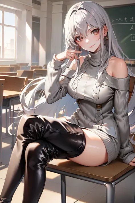 (tmasterpiece，high high quality，light grey sweater，stare，thigh boots，whaite hair，ssmile，sit on chair，absolute realm，‎classroom，s...