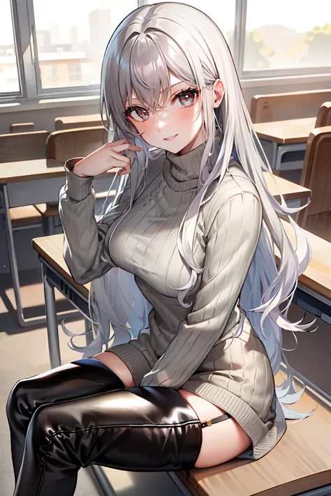 (tmasterpiece，high high quality，light grey sweater，stare，thigh boots，whaite hair，ssmile，sit on chair，absolute realm，‎classroom，s...