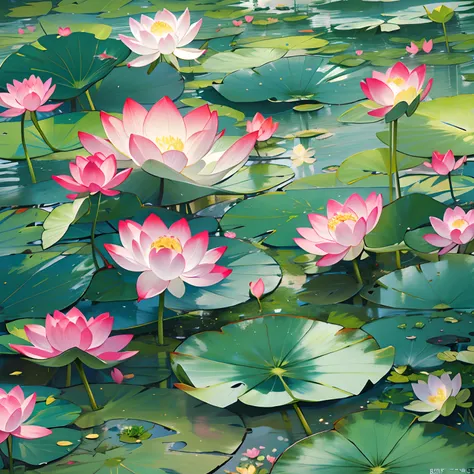 countless lotus flowers blooming on a vast lake, with vibrant green leaves and colorful blossoms swaying in the gentle breeze, ,...