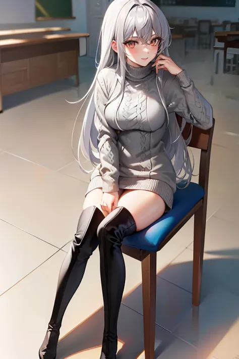 (tmasterpiece，high high quality，light grey sweater，stare，thigh boots，whaite hair，ssmile，sit on chair，absolute realm，‎classroom，s...