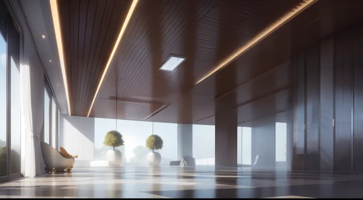 modern hall with ceramic wavy ceiling，there are robots working（photograph realistic：1.2）