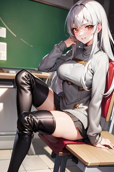 (tmasterpiece，high high quality，light grey sweater，stare，thigh boots，whaite hair，ssmile，sit on chair，absolute realm，‎classroom，s...