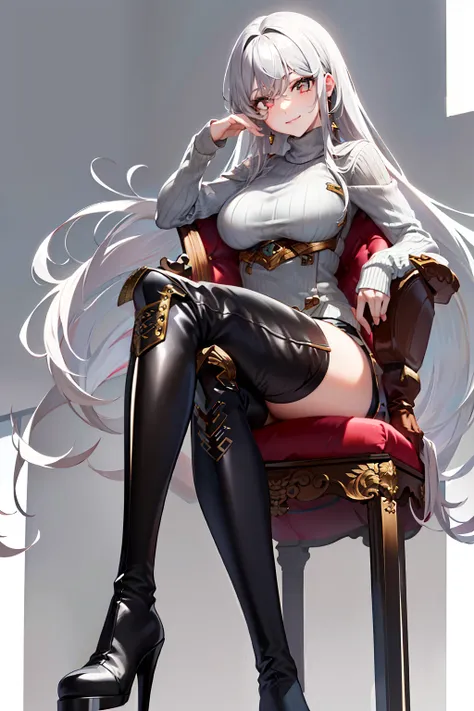 (tmasterpiece，high high quality，light grey sweater，stare，thigh boots，whaite hair，ssmile，sit on chair，absolute realm，‎classroom，s...