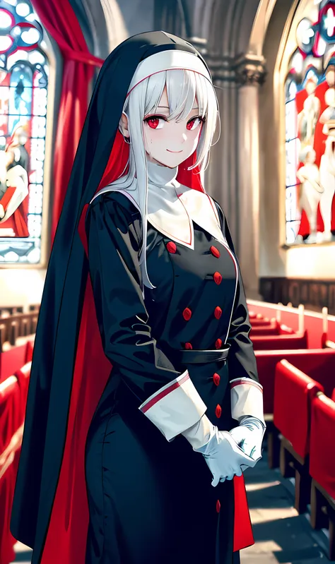 nun, standing with red liquid on her face, the girl stands and looks at the camera, red liquid on the face , a veil on his head,...