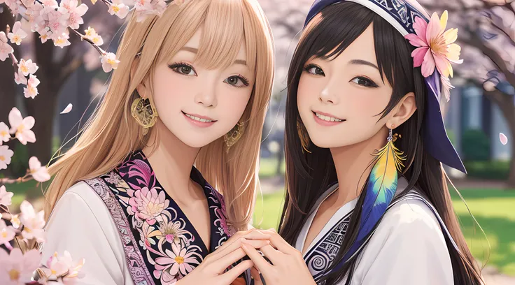 academic gown, academic robe, mortarboard, square cap, university campus, buildings, cherry blossoms, smiling, 2girls, detailed uniform, look at viewer, (SIGMA 85mm f1.4), depth of field, bokeh, detailed photorealistic background, diffused natural sunligh...