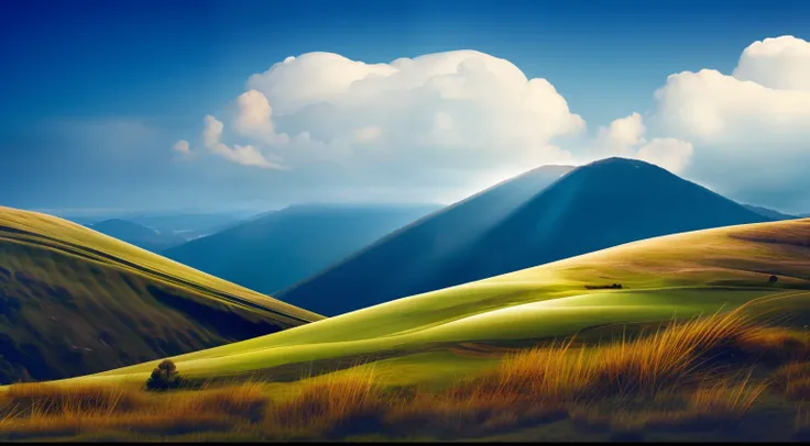 mountain with grass in low part, on top on mountain have cloud, Surrealism, modern, Realism, Verism, ray tracing, reflection light, cinematic lighting, god rays, backlighting, panorama, from outside, retina, high details, best quality, highres, award winni...
