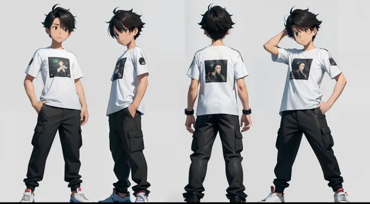 a wave black haired boy, 11 years old, brown eyes , 3d game style, multiple expressions and poses,
character sheet, full body, w...