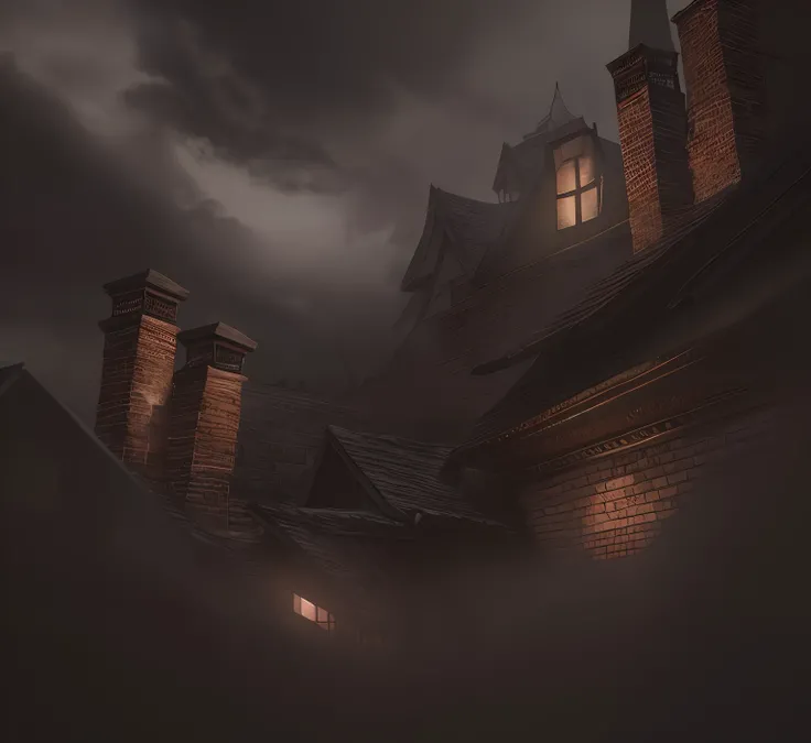 There are roofs of old houses, which offer a view of the gateways, concept illustration, higly detailed, Lighting Study, atmospheric, gloomy atmosphere, Foggy alleys in the distance, dreary atmosphere, Foggy Backgeound, foggy evening, Very realistic, old...