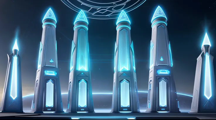 frontal view of (((4) blue futuristic obelisks)) in a fantasy civilization design, showcasing cutting-edge technology with a tou...