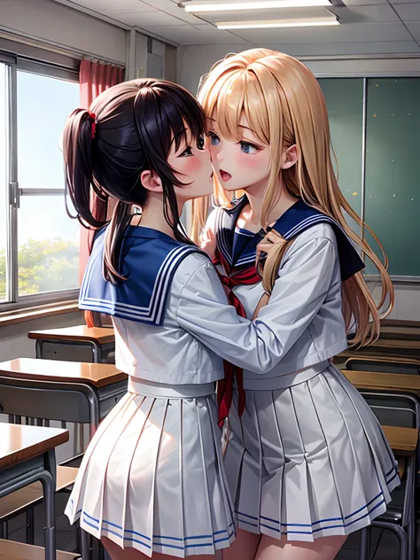 lighting like a movie、high school girls kissing each other、a sailor suit、‎classroom、