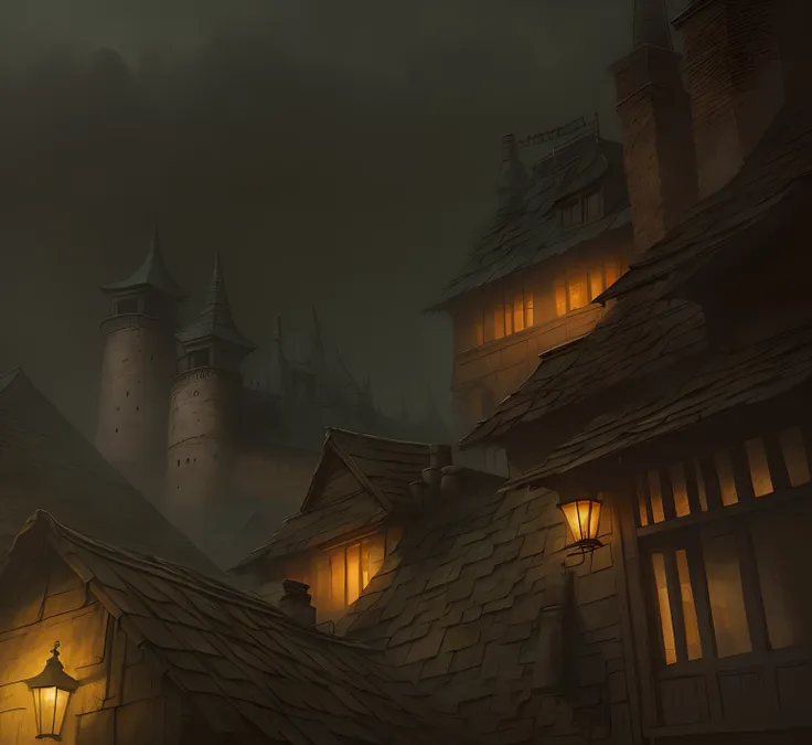 there are roofs of old houses, which offer a view of the gateways, concept illustration, higly detailed, lighting study, atmosph...