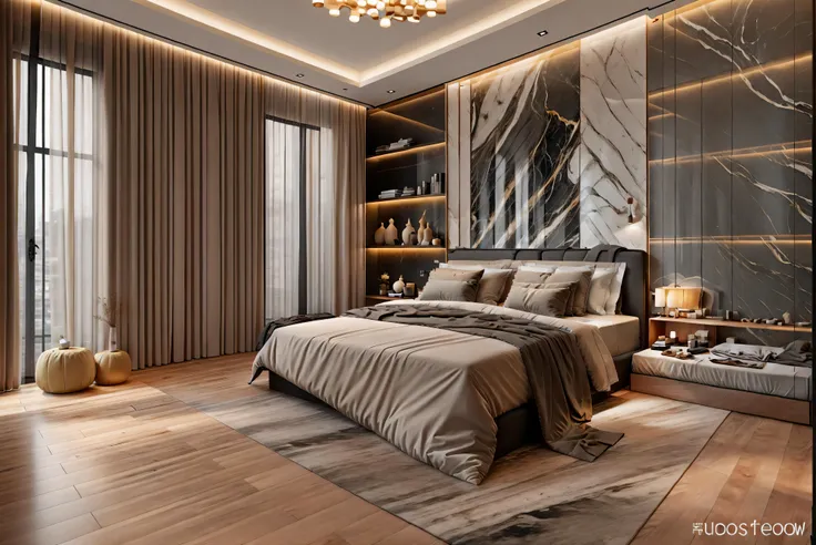 ultra realistic, masterpiece, best quality, super detailed, ultra high res, raw photo, 8k,
a modern bedroom with light grey, (fa...