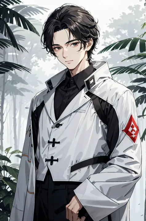 Absurd, High definition, Super detailed, Texture details, clear presentation, HD details, detail performance, Fine details, Clear face, Fix accurately, ((cabelos preto e longos))、long whitr hair、18-year-old man, Handsome, Tall,Soft smile、Slightly muscular,...