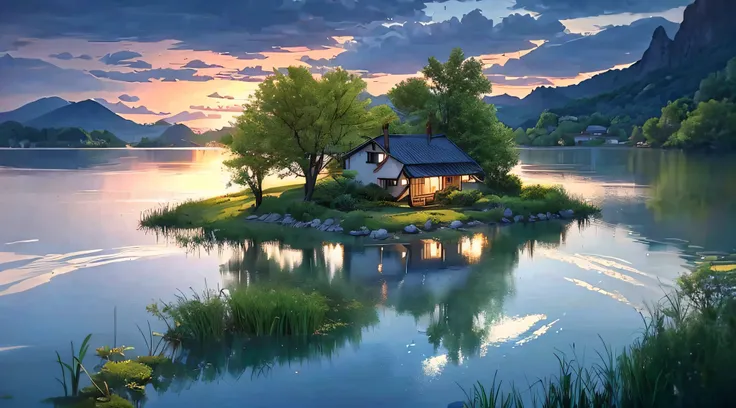 there is a small house on a small island in the middle of a lake, beautifully lit landscape, peaceful landscape, serene landscap...