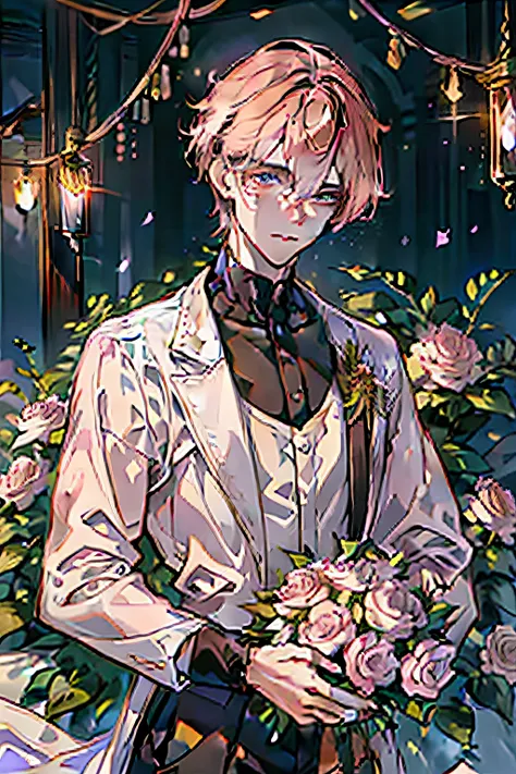 highest image quality！adult man，holding a bouquet，the flowers are purple，watercolor beauty，a handsome and gentle man，beautiful e...