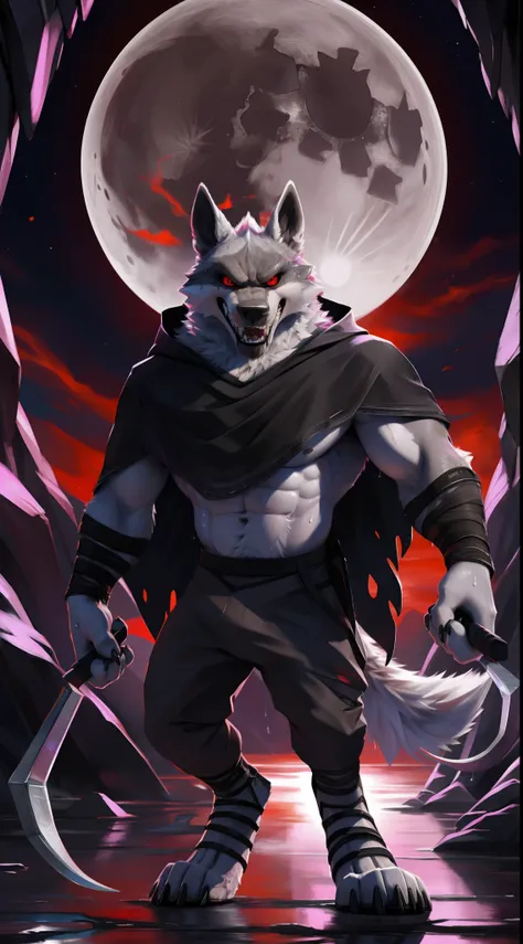 deathwolf, 1boy, solo, colored sclera, red eyes, furry, big long black old torn cloak, white fur, upper body shot, anthro, (frow...