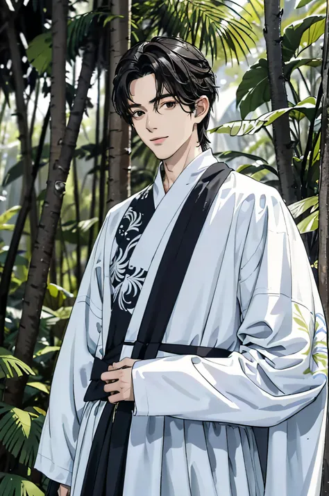 Absurd, High definition, Super detailed, Texture details, clear presentation, HD details, detail performance, Fine details, Clear face, Fix accurately, ((cabelos preto e longos))、long whitr hair、18-year-old man, Handsome, Tall,Soft smile、Slightly muscular,...