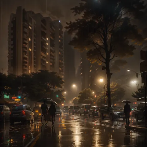 the night，downpours，salama，high-rise buildings，lamplight，crowd of，the street，the trees，cart