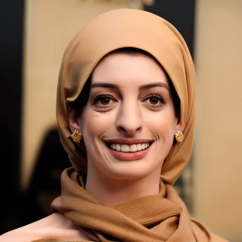 /image prompt: gorgeous Muslim girl with face features like Anne Hathaway::2: :doll face: :brown eyes: : she wears rich clothes and beige scarf on her head: : light makeup: plump coral lips: : 4K: : highly detailed: : hyper realistic: : photorealistic: : -...
