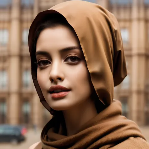 gorgeous muslim girl: : doll face: : brown eyes: : she wears rich clothes and beige scarf on her head: : light makeup: plump cor...