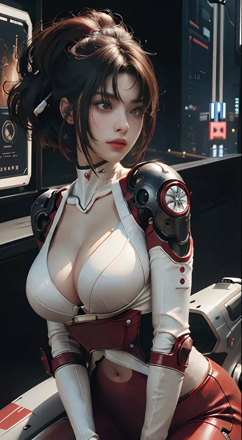 Highest quality, outstanding detail, super high resolution, (fidelity: 1.4), best illustration, favor details, close-up, a mecha girl with a delicate and beautiful face, ((red and white semi-mechanical body: 1.8)), (big breast: 1.2), sexy, belly button, cl...