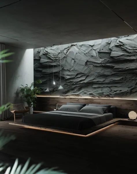 um close up de uma cama em um quarto com uma parede de pedra, sala de concreto escuro, quarto escuro, rough concrete walls, inte...