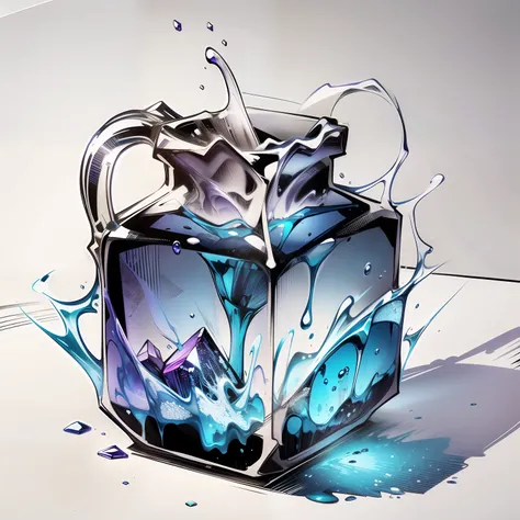 Grande garrafa de cristal, forma de cristal, vidro , purple and blue liquid, diamante, sketching style, simples, cristais azulados