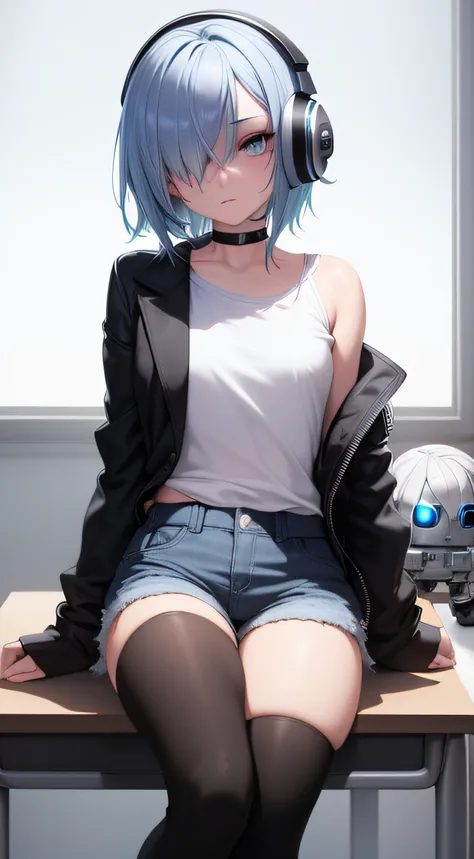 ultra-detailed, masterpiece, highest quality, 1girl, short light blue hair, dark green eyes, sidelighting, glowing eyes, backpac...