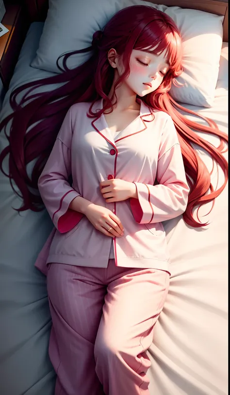 sleeping girl，realisticlying，she wore long trousers，wearing pink pajamas，red tinted hair。