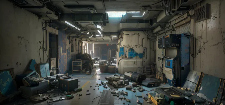 there was a room with a lot of rubbish and a lot of furniture, hyper-realistic environment, photorealistic dark concept art,. il...