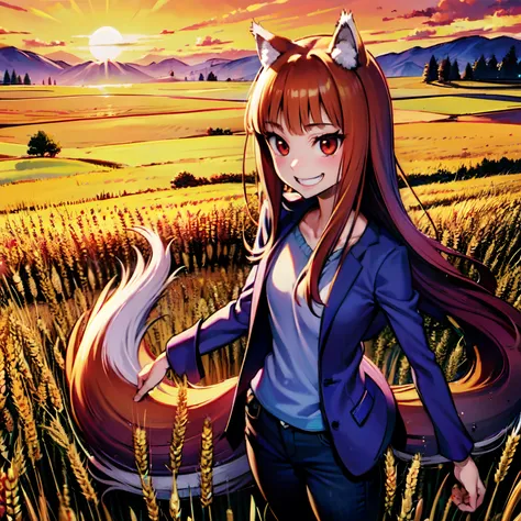 "(a breathtaking masterpiece with impeccable quality and stunning 4k resolution), holo, spice and wolf, wheat field, smiling, du...