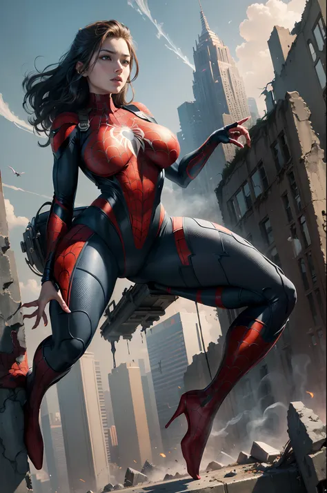 ((Masterpiece, best quality)), Spider-Man costume, One women, young, (large breasts:1.1), (hero view), ruined city background, fumefx, fire, colour saturation 70 percent, full body shot, clear fingers