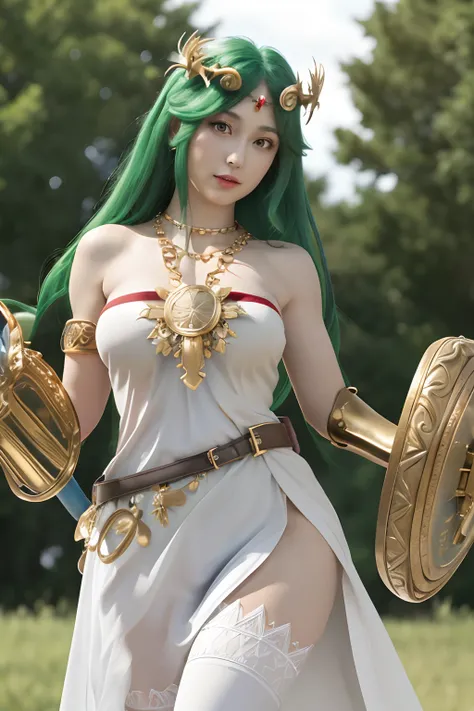masterpiece, best quality, highres, hmpa1, palutena, parted bangs, tiara, large breasts, necklace, bare shoulders, strapless dress, vambraces, belt, white dress, white thighhighs, single thighhigh, outdoors, holding staff, staff, holding shield,