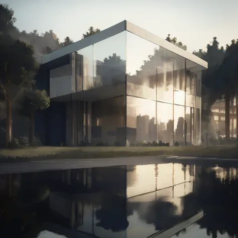 arafed glass building with a reflection in a water pool, no estilo de arte de filip hodas, lindo render 3d, 3 d render hiper rea...