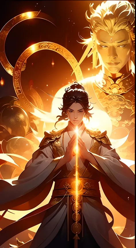 2 people，immortal warlock，a handsome taoist priest stood in front of the taoist mage，radiating golden light，handsome taoist prie...