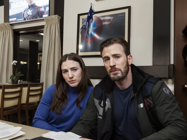 Portrait of Chrisevans person as Captain America and the woman as Marvels black widow,em Blade Runner, fotografia profissional, Cloudport, Huang-Guang-jian,