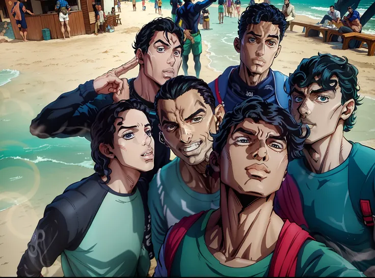 there are many men standing together in a group posing for a picture, selfie, taken on go pro hero8, posing for a picture, cute boys, frontal picture, in the beach, salvador, accidental selfie, Jojo style art, jojo background, beauty faces, perfect faces