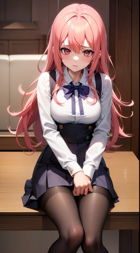 1 Menina da Anime Linda De cabelo Rosa Longo, Its red eyes., com pernas abertas, is With School Skirt, mostrando Roupas Intimas, its Japanese high school clothing, com estrela nos olhos, imagem Estilo Novel de anime, Roupas Intimas Brancas, com calsinha br...