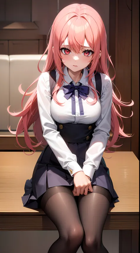 1 Menina da Anime Linda De cabelo Rosa Longo, Its red eyes., com pernas abertas, is With School Skirt, mostrando Roupas Intimas, its Japanese high school clothing, com estrela nos olhos, imagem Estilo Novel de anime, Roupas Intimas Brancas, com calsinha br...
