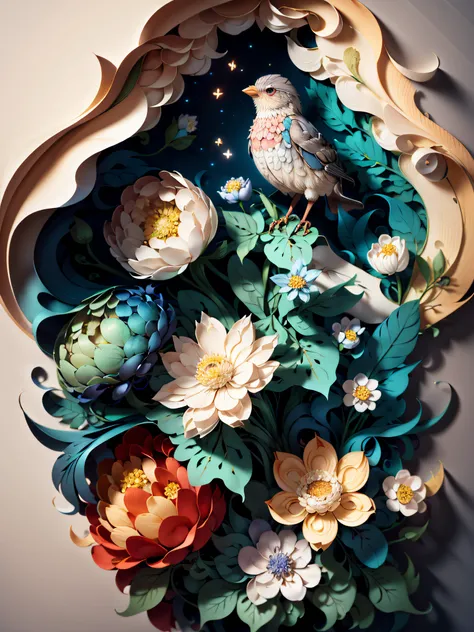 (((masterpiece))),best quality, illustration, vibrant color scheme, Soft light,(warm color:1.2),Water color painting, light background, best quality exquisite details,3d rendering,Octane render, pastel, paper_cut. The clock-a-clay is creeping on the open b...