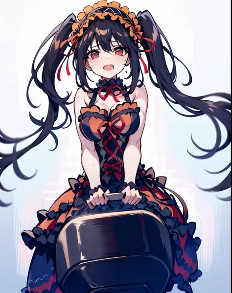riding machine, 1girl, solo, breasts, sweat, tears,trembling, heavy breathing, steaming body, shirt