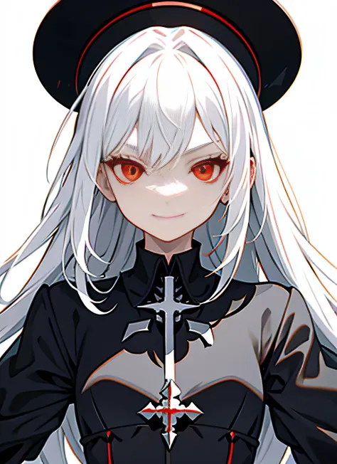 anime girl with white hair in black hat and red eyes, with a red halo over her head, mechanized witch girl, zerochan art, with g...